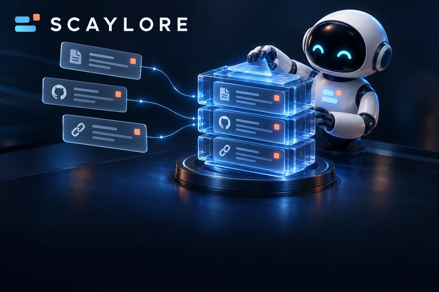 SCAYLORE logo and a robot stacking glowing glass cards