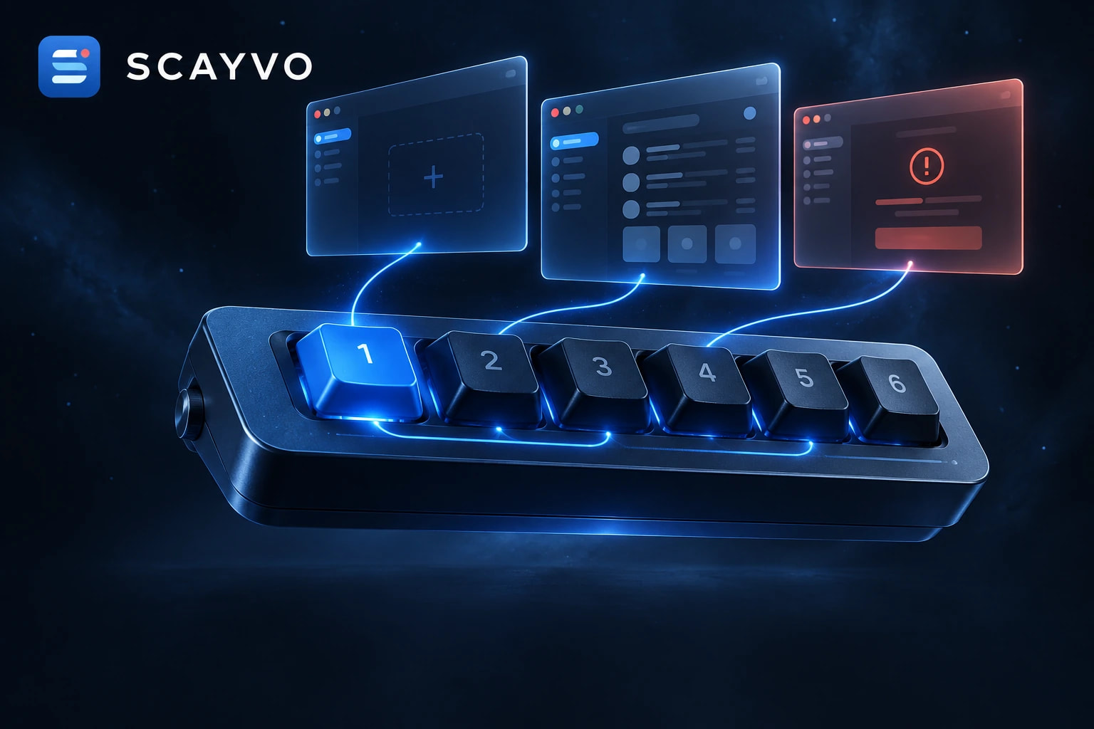 SCAYVO logo and a glowing six-key pad linked to floating app windows